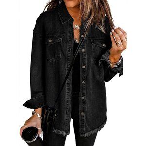 Women’s Oversized Denim Jacket Cotton Frayed Hem Casual Western Outfits